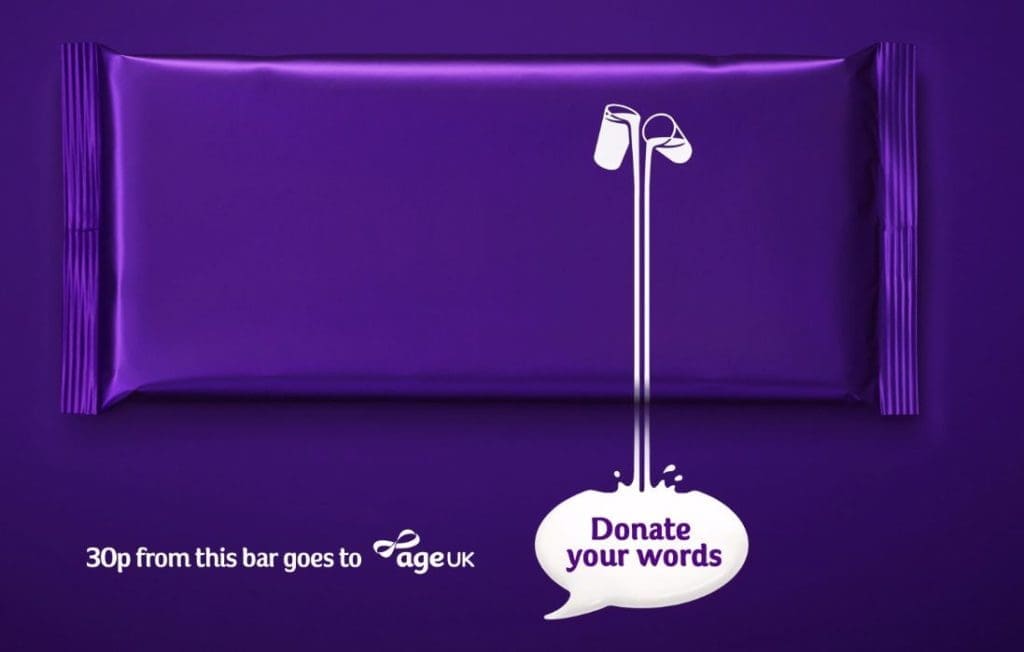 charity marketing - Age UK & Cadbury donate your words bar