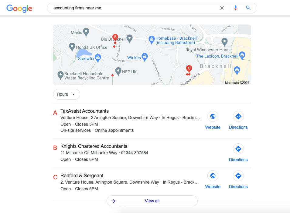 Local SEO for accounting firms - Google maps example