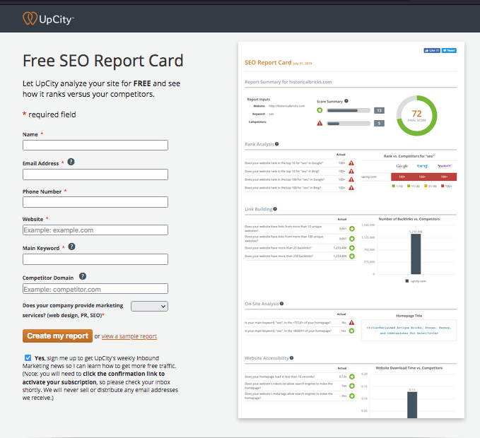 UpCity seo report card - free seo tools 2022