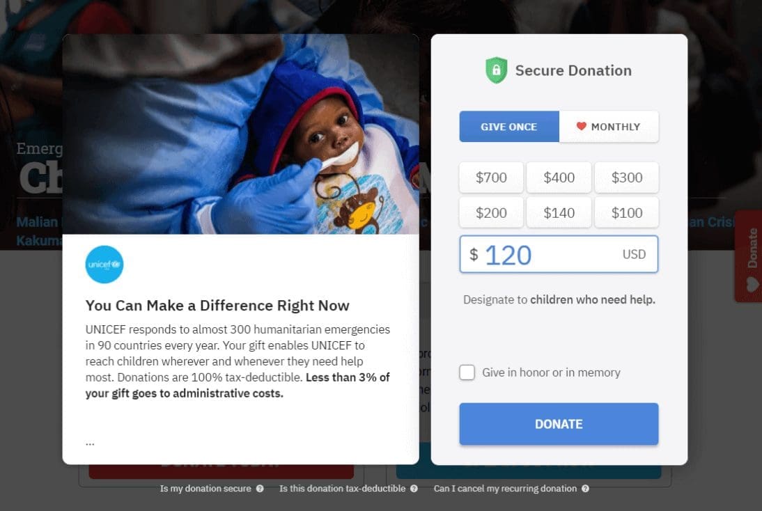 example of donation page virtual unicef form